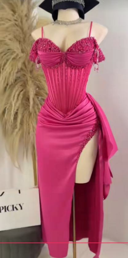 Chic Hot Pink Prom Dress Sheath Satin Long Evening Dress ED11210