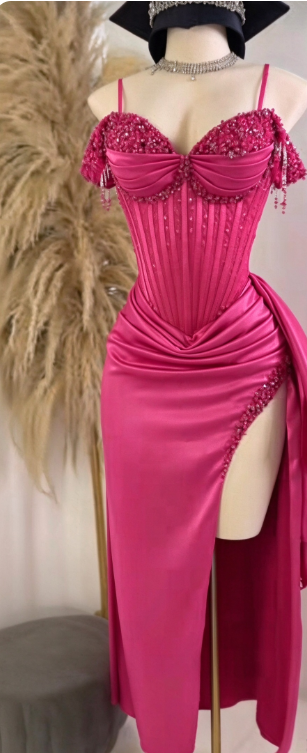 Chic Hot Pink Prom Dress Sheath Satin Long Evening Dress ED11210