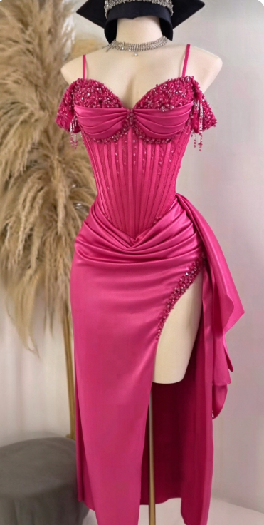 Chic Hot Pink Prom Dress Sheath Satin Long Evening Dress ED11210