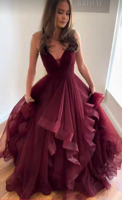 Chic Burgundy Prom Dress A-Line Tulle Long Evening Dress ED11214
