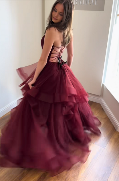 Chic Burgundy Prom Dress A-Line Tulle Long Evening Dress ED11214