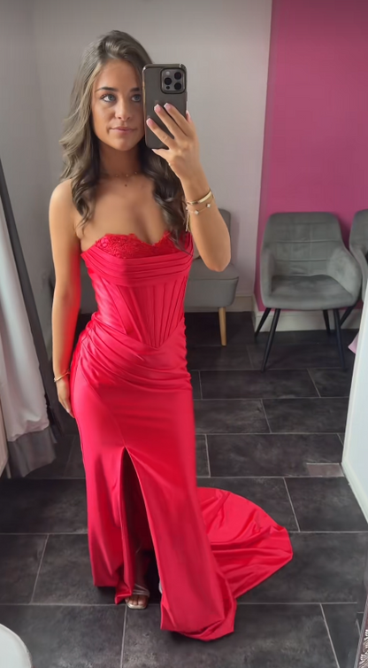 Chic Red Prom Dress Sheath Satin Long Evening Dress ED11217