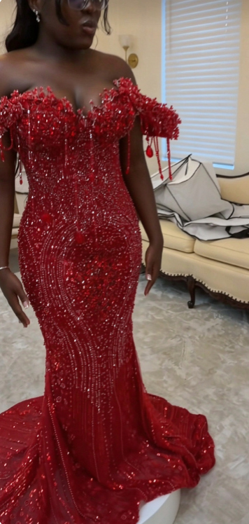 Chic Red Prom Dress Mermaid Beaded Tulle Long Evening Dress ED11219