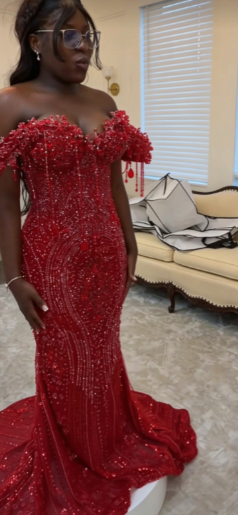 Chic Red Prom Dress Mermaid Beaded Tulle Long Evening Dress ED11219