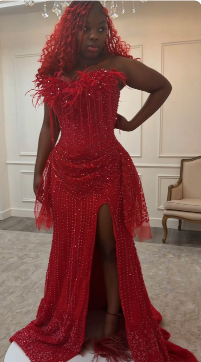 Chic Red Prom Dress Sheath Beaded Tulle Long Evening Dress ED11220