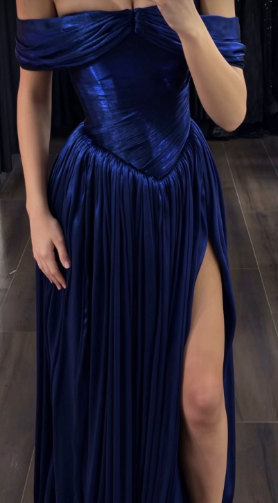 Chic Navy Blue Prom Dress Sheath Satin Long Evening Dress ED11221