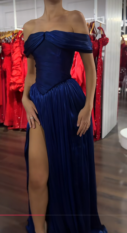 Chic Navy Blue Prom Dress Sheath Satin Long Evening Dress ED11221