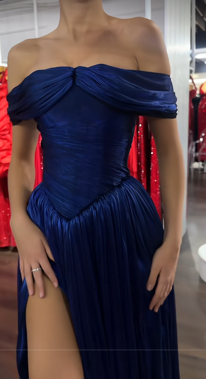 Chic Navy Blue Prom Dress Sheath Satin Long Evening Dress ED11221