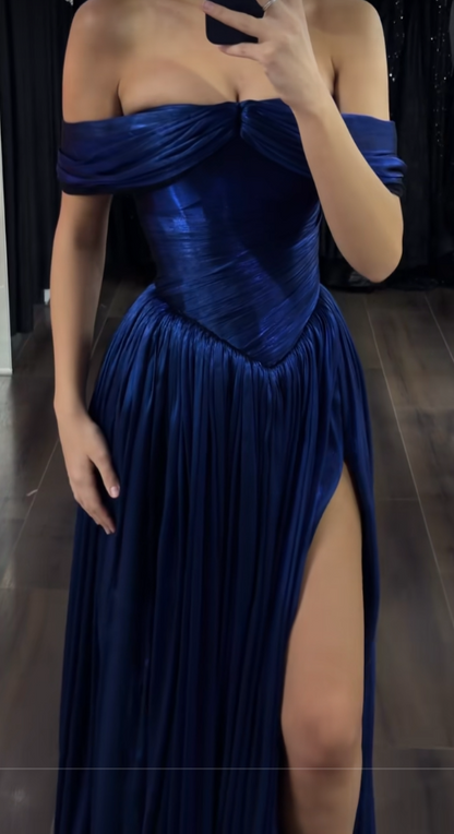 Chic Navy Blue Prom Dress Sheath Satin Long Evening Dress ED11221