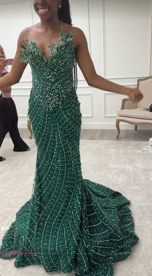 Chic Dark Green Prom Dress Sheath Tulle Beaded Long Evening Dress ED11226