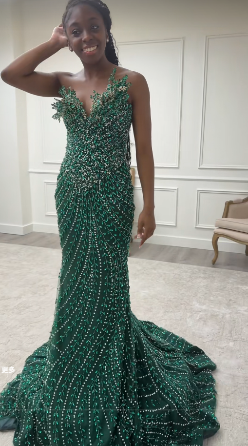 Chic Dark Green Prom Dress Sheath Tulle Beaded Long Evening Dress ED11226