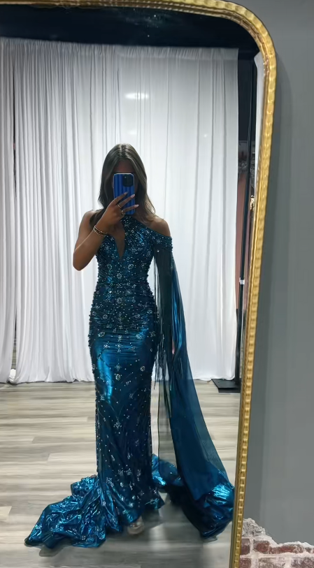 Robe de bal chic bleu paon, robe de soirée longue fourreau en satin perlé ED11227