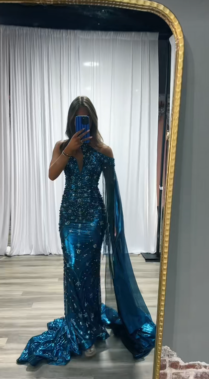 Robe de bal chic bleu paon, robe de soirée longue fourreau en satin perlé ED11227