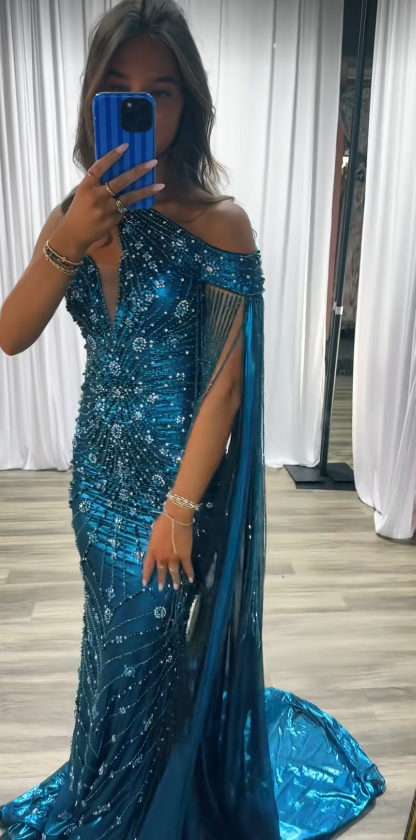 Robe de bal chic bleu paon, robe de soirée longue fourreau en satin perlé ED11227