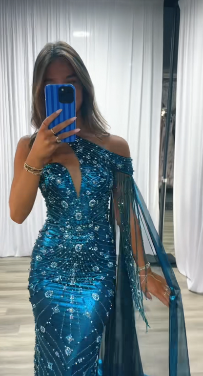 Robe de bal chic bleu paon, robe de soirée longue fourreau en satin perlé ED11227