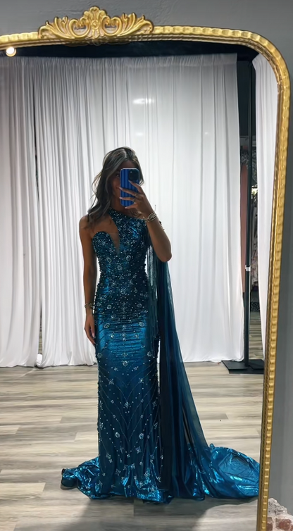 Robe de bal chic bleu paon, robe de soirée longue fourreau en satin perlé ED11227