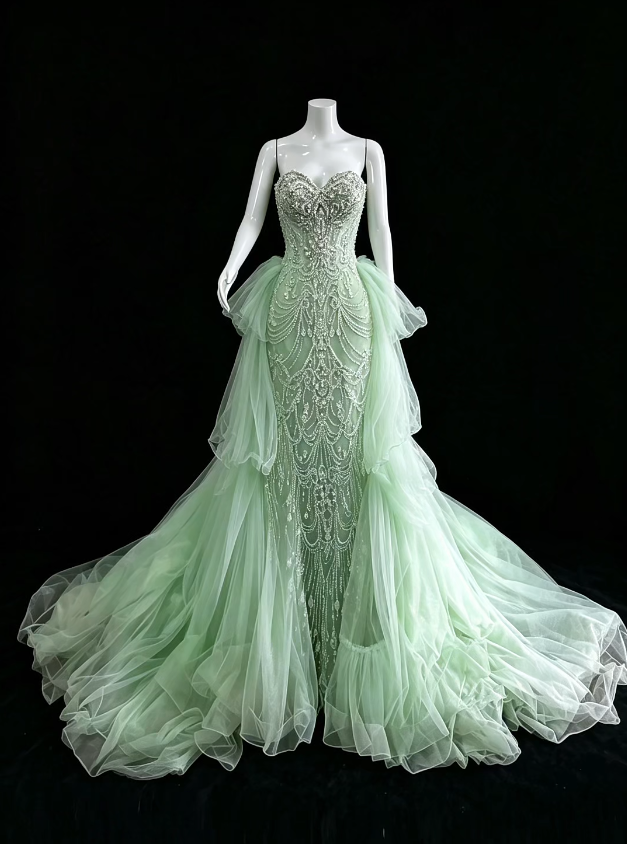 Chic Green Prom Dress Sheath Tulle Beaded Long Evening Dress ED11228