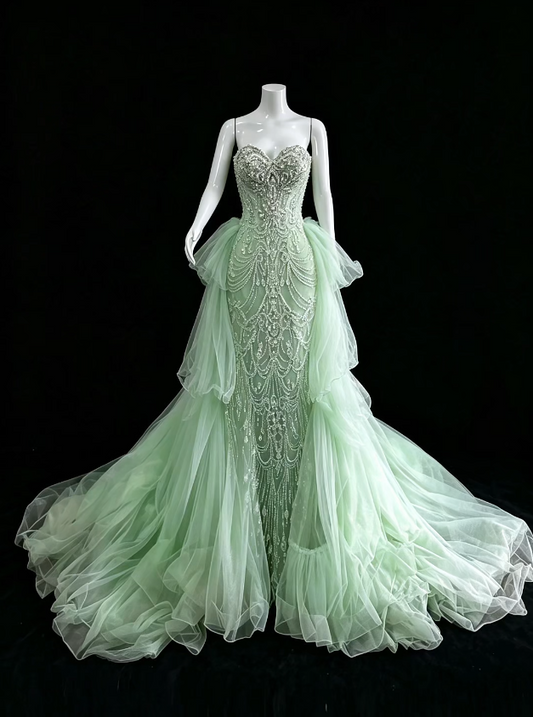 Chic Green Prom Dress Sheath Tulle Beaded Long Evening Dress ED11228