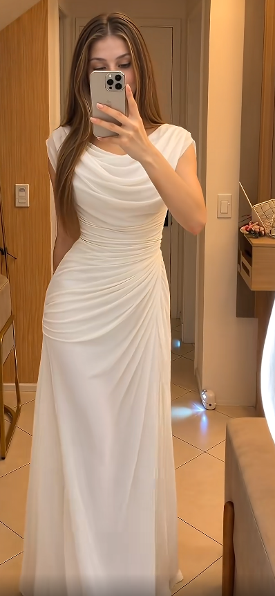 Chic White Prom Dress Sheath Chiffon Long Evening Dress ED11229
