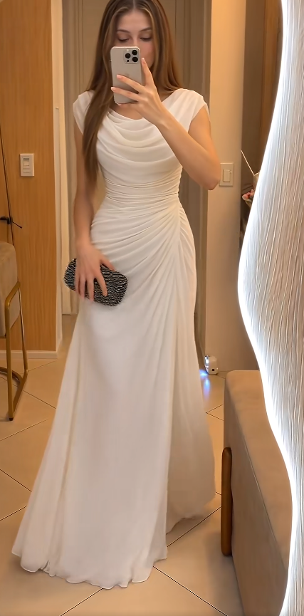 Chic White Prom Dress Sheath Chiffon Long Evening Dress ED11229