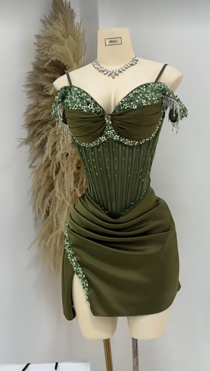 Chic Olive Green Short Homecoming Dress Sheath Satin Birthday Dress ED11230