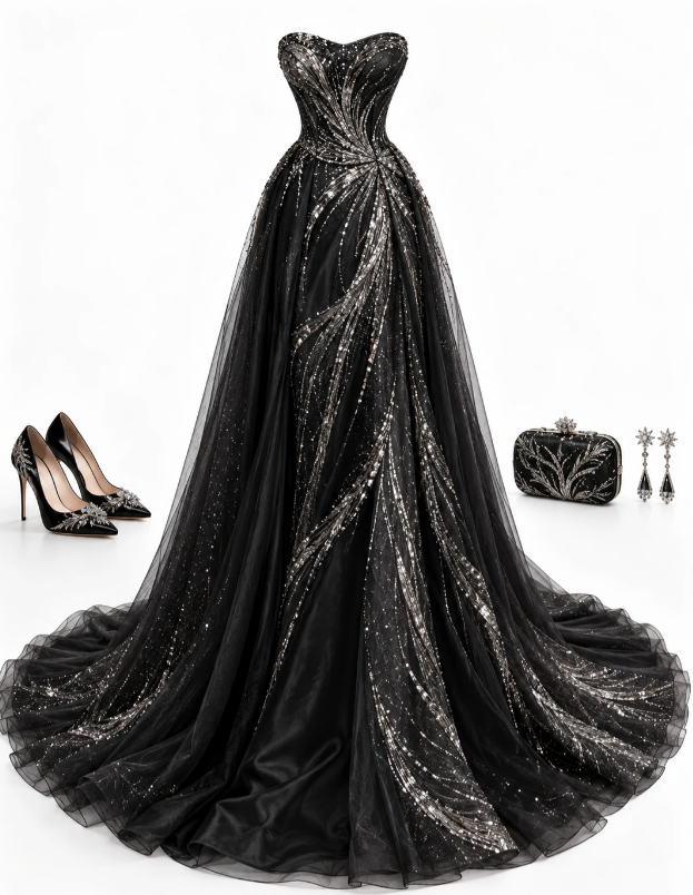 Chic Black Prom Dress A-Line Tulle Long Evening Dress ED11233