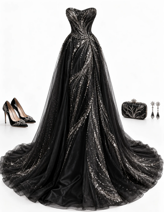Chic Black Prom Dress A-Line Tulle Long Evening Dress ED11233