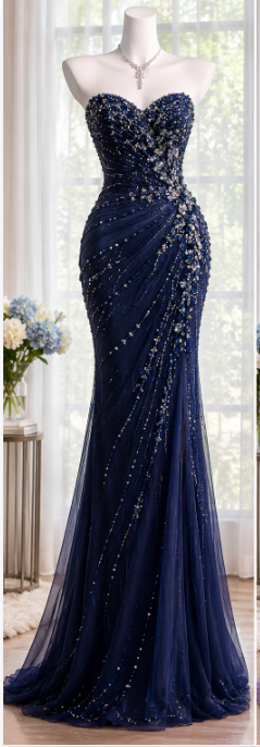 Elegant Navy Blue Beaded Prom Dress Sheath Chiffon Long Evening Dress ED11236