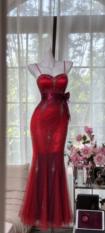 Glam Red Beaded Prom Dress Mermaid Tulle Long Evening Dress ED11240