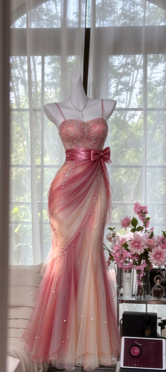 Glam Pink Beaded Prom Dress Mermaid Tulle Long Evening Dress ED11241