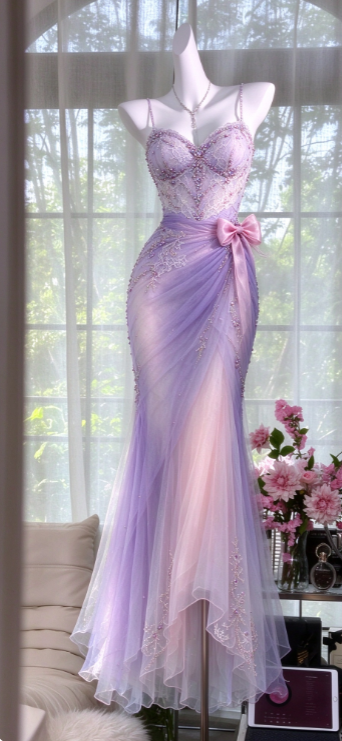 Glam Lilac Beaded Prom Dress Mermaid Tulle Long Evening Dress ED11243