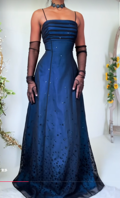 Glam Navy Blue Prom Dress A-Line Tulle Long Evening Dress ED11246