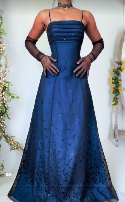 Glam Navy Blue Prom Dress A-Line Tulle Long Evening Dress ED11246