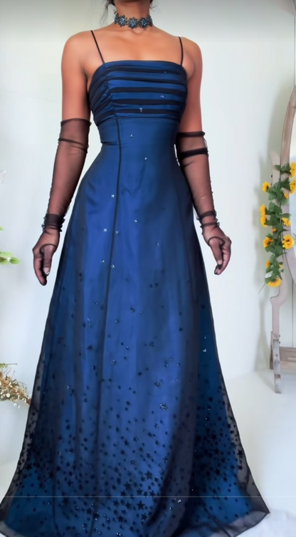 Glam Navy Blue Prom Dress A-Line Tulle Long Evening Dress ED11246
