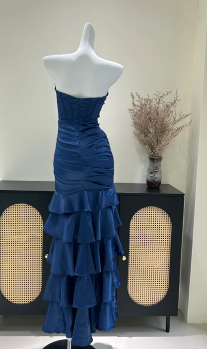 Glam Navy Blue Prom Dress Sheath Satin Long Evening Dress ED11247
