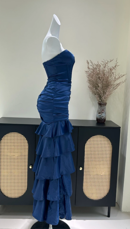 Glam Navy Blue Prom Dress Sheath Satin Long Evening Dress ED11247