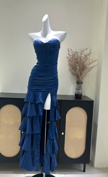 Glam Navy Blue Prom Dress Sheath Satin Long Evening Dress ED11247