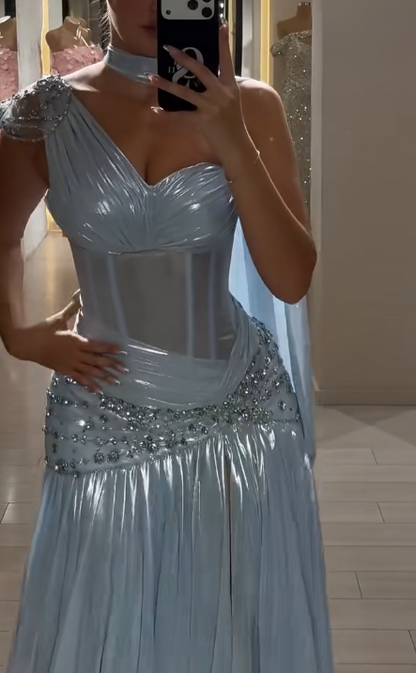 Glam Blue Prom Dress Sheath Chiffon Long Evening Dress ED11252