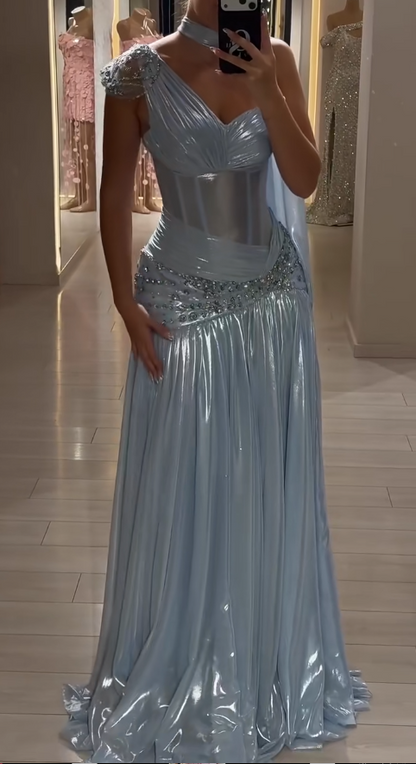 Glam Blue Prom Dress Sheath Chiffon Long Evening Dress ED11252