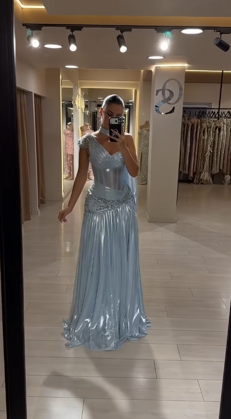 Glam Blue Prom Dress Sheath Chiffon Long Evening Dress ED11252