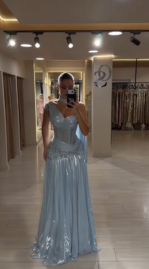Glam Blue Prom Dress Sheath Chiffon Long Evening Dress ED11252