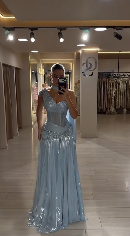 Glam Blue Prom Dress Sheath Chiffon Long Evening Dress ED11252