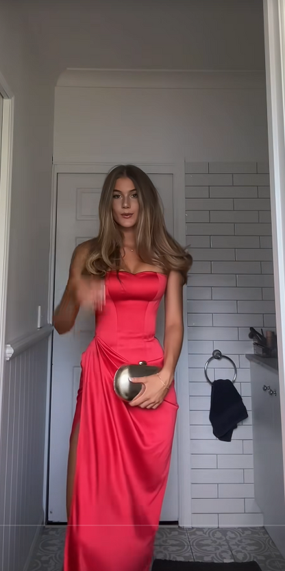 Glam Red Prom Dress Sheath Satin Long Evening Dress ED11259