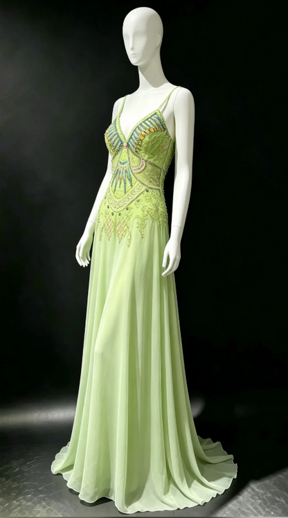 Glam Green Beaded Prom Dress Sheath Chiffon Long Evening Dress ED11262