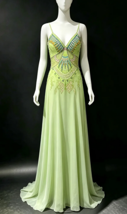 Glam Green Beaded Prom Dress Sheath Chiffon Long Evening Dress ED11262