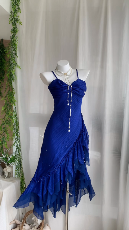 Glam Blue Prom Dress Sheath Chiffon Long Evening DressED11265