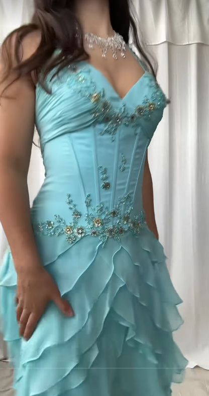 Glam Tiffany Blue Prom Dress Sheath Chiffon Long Evening Dress ED11266