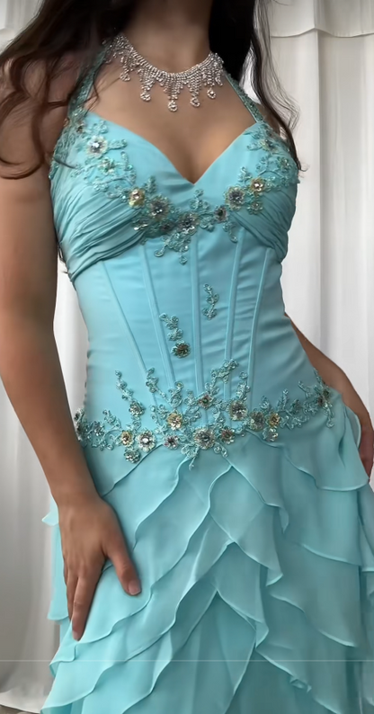 Glam Tiffany Blue Prom Dress Sheath Chiffon Long Evening Dress ED11266