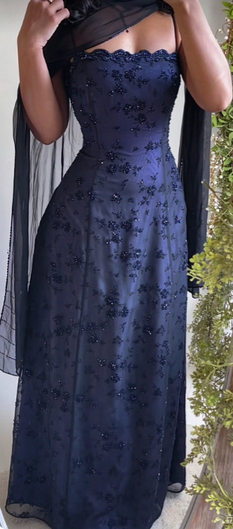 Glam Navy Blue Beaded Prom Dress A-Line Chiffon Long Evening Dress ED11277