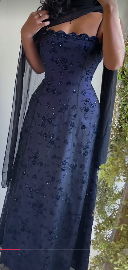 Glam Navy Blue Beaded Prom Dress A-Line Chiffon Long Evening Dress ED11277